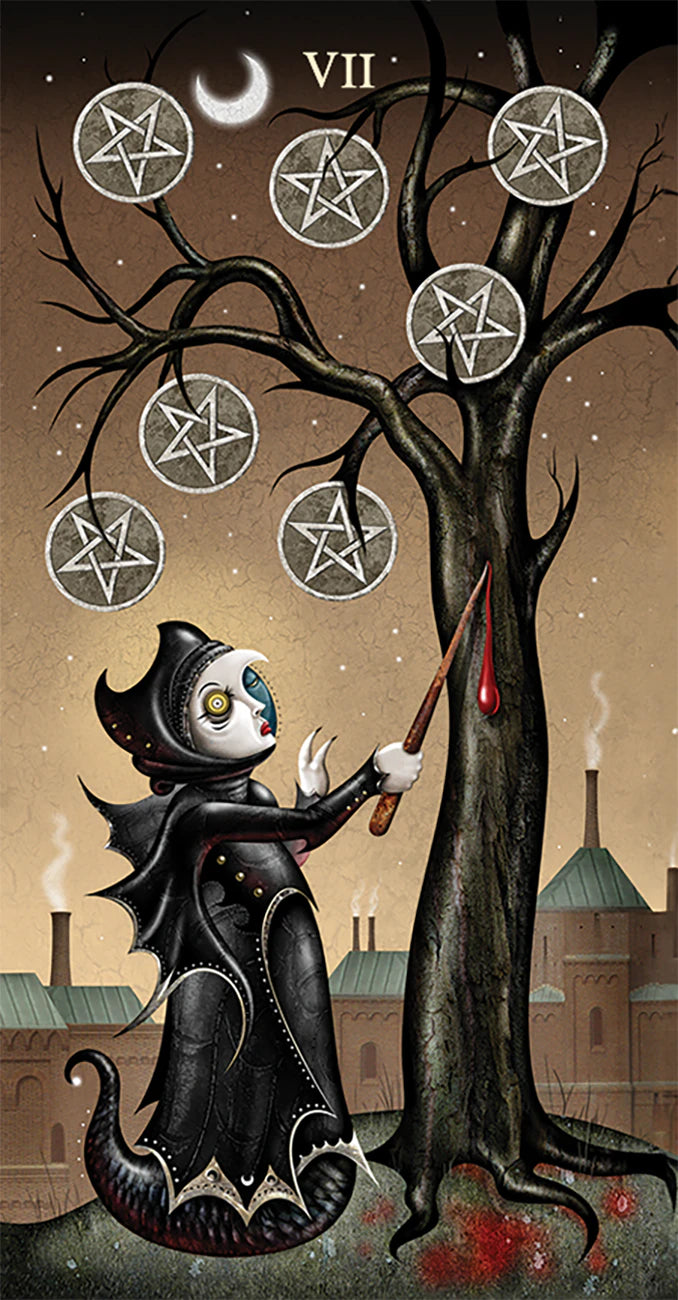 Artistic depiction of a figure with a mask holding a staff against a tree with pentagram symbols, set against an urban landscape.