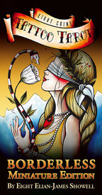 Cover of 'Tattoo Tarot' with a stylized woman, flower, and mountainous background.