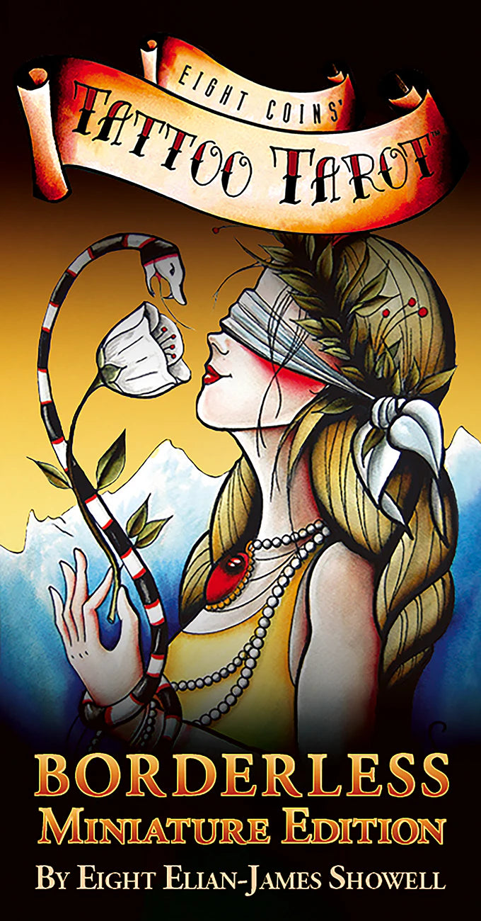 Cover of 'Tattoo Tarot' with a stylized woman, flower, and mountainous background.