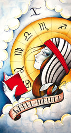 Tattoo-style illustration of a fortune teller with astrological symbols and 'Wheel of Fortune' text.