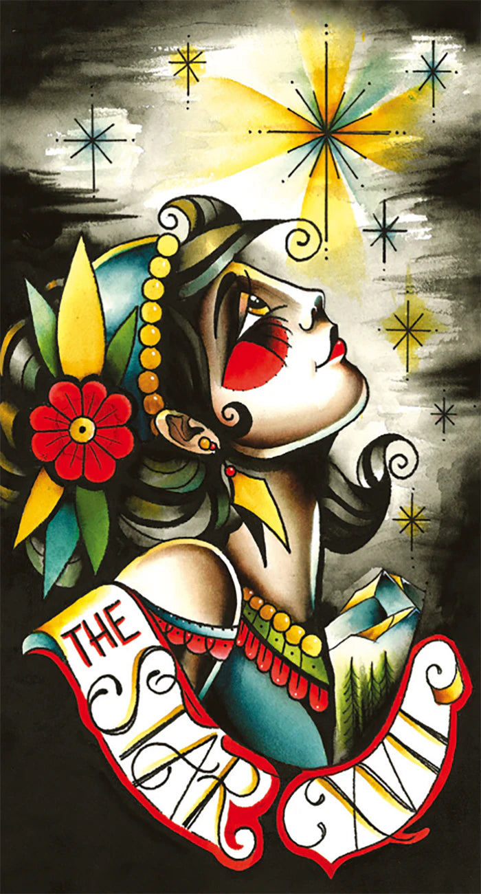 Colorful illustration of a stylized woman with decorative elements on a dark background