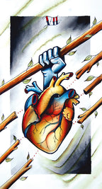 Card with a stylized heart and hand holding a branch, possibly from a tarot or fantasy card set.