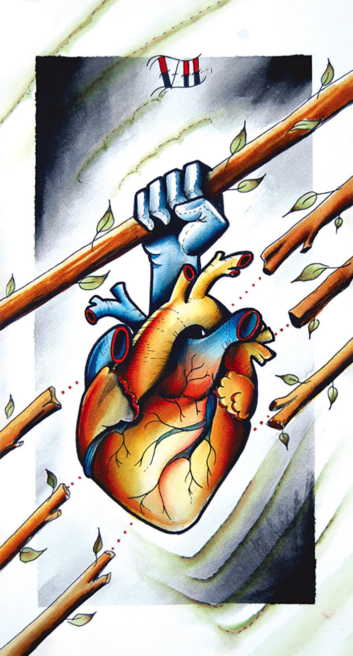 Card with a stylized heart and hand holding a branch, possibly from a tarot or fantasy card set.