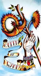 Illustration of a hand with tattoos, flowers, and a banner with 'Queen of Wands' text on a blue background.