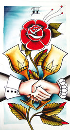 Tattoo-style illustration of a handshake with flowers and a butterfly.