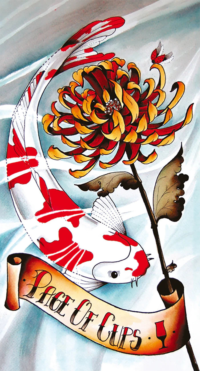 Card from a tarot deck with a red and white fish, orange flower, and banner text on a light blue background.