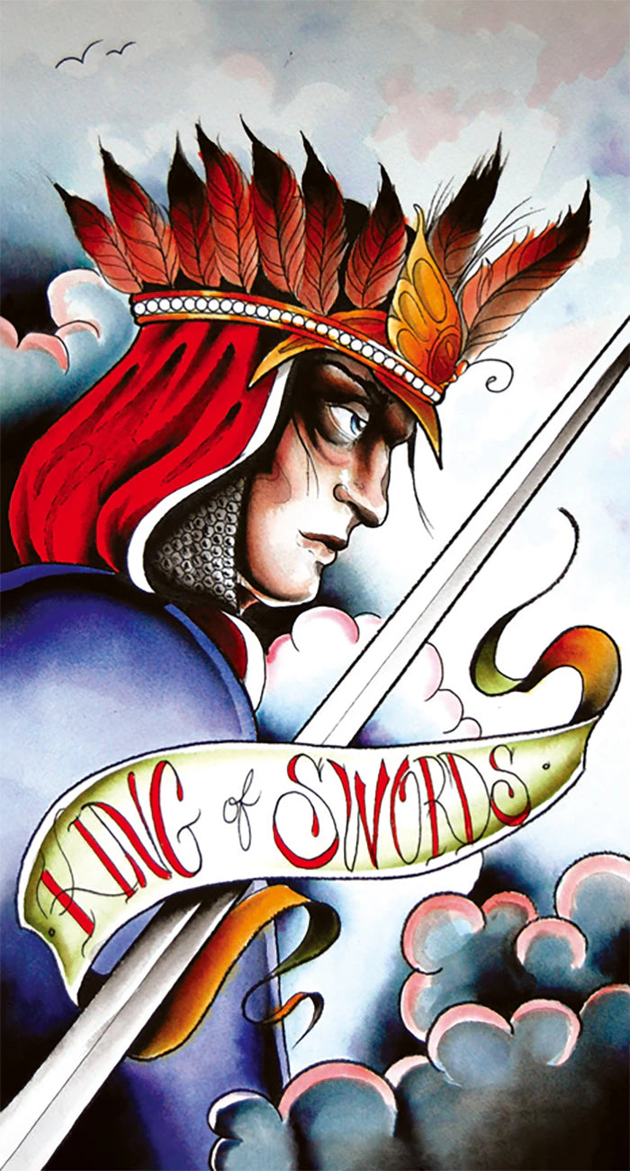 Card featuring a character with a red headdress and sword, labeled 'King of Swords'.