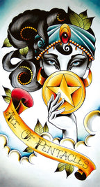 Artistic depiction of a tarot card symbol with a star and hand, surrounded by decorative elements.