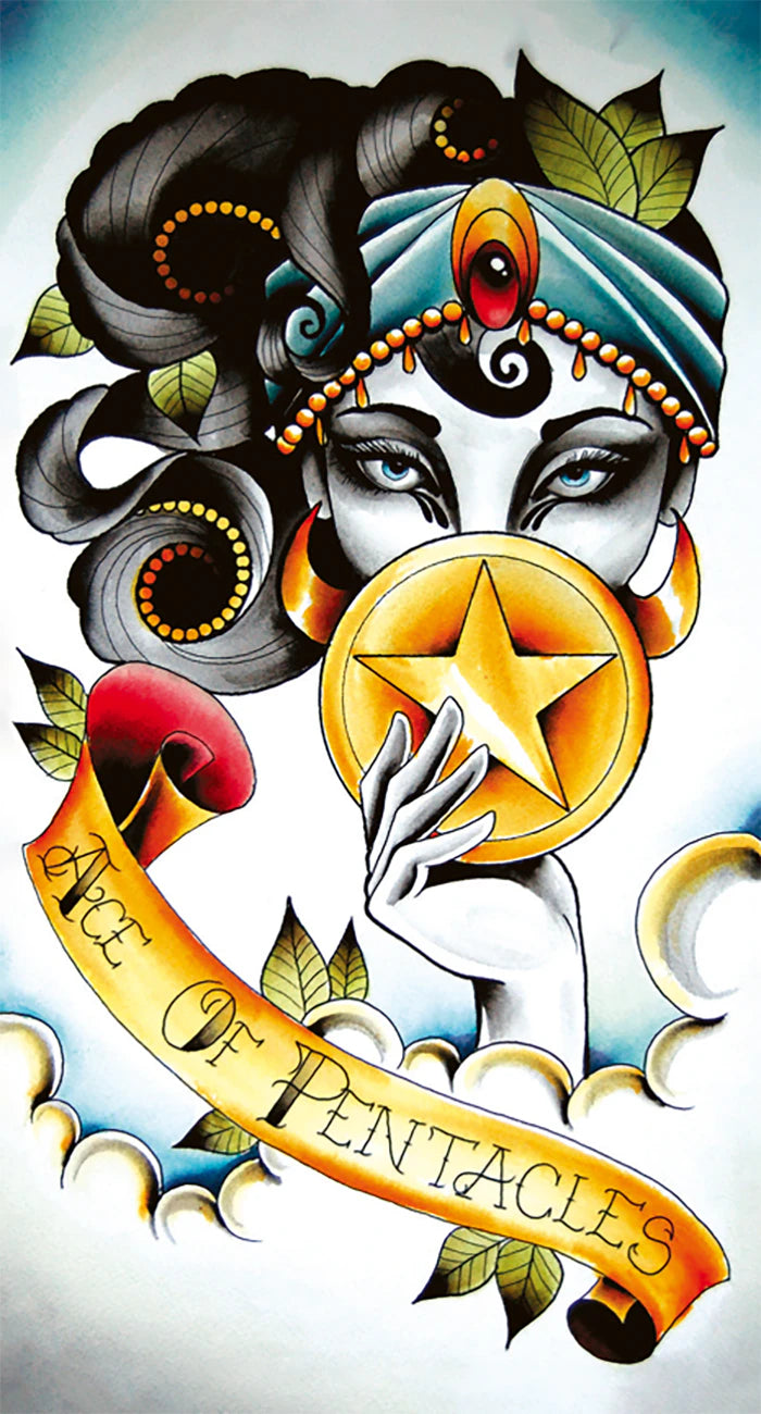 Artistic depiction of a tarot card symbol with a star and hand, surrounded by decorative elements.