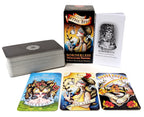 Collection of tattoo-themed playing cards with a box and card holder on a white background