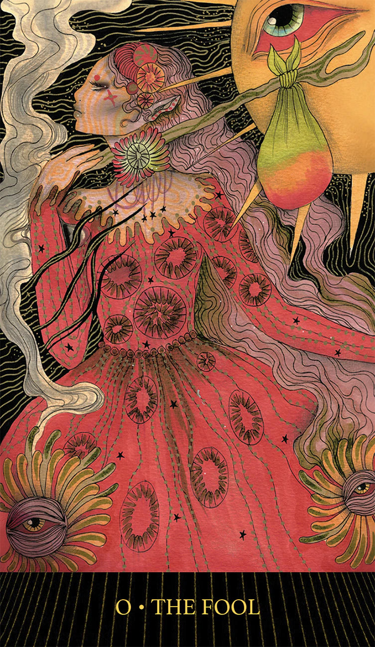 Artistic depiction of 'The Fool' card from a tarot deck with intricate designs and vibrant colors.