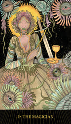 Illustration of 'The Magician' card from a tarot deck with a stylized figure, flowers, and celestial elements.