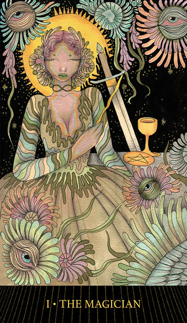 Illustration of 'The Magician' card from a tarot deck with a stylized figure, flowers, and celestial elements.