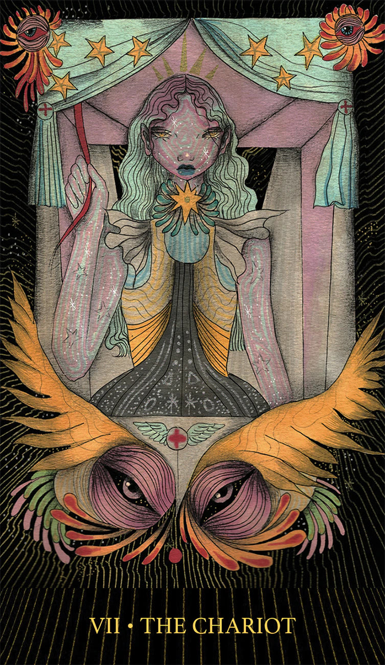 Tarot card featuring 'The Chariot' with a stylized woman and wings on a dark background.