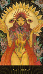 Illustration of 'The Sun' tarot card with a person surrounded by sun and flower elements.