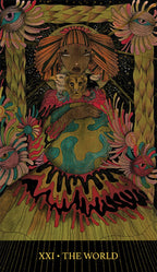 Colorful tarot card titled 'The World' with intricate designs and symbols.