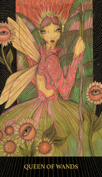 Illustration of a fairy with sunflowers and wands, titled 'Queen of Wands'.