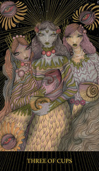 Illustration of 'Three of Cups' tarot card with three figures holding cups against a starry night sky.