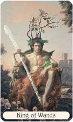 King of Wands tarot card with a figure holding a staff, surrounded by nature elements.