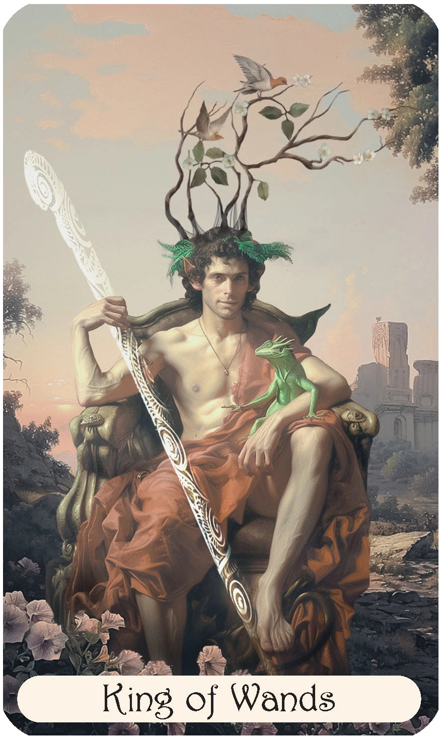 King of Wands tarot card with a figure holding a staff, surrounded by nature elements.