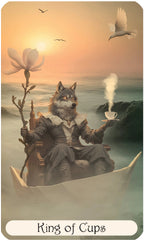 Card featuring a wolf-like figure in a boat with a tea cup, set against a sunset over water.