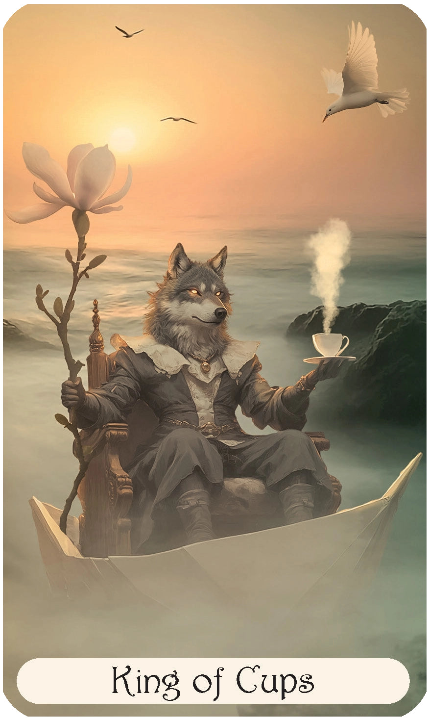 Card featuring a wolf-like figure in a boat with a tea cup, set against a sunset over water.