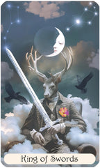 Card featuring a figure with a sword, deer head, and crows under a moonlit sky.