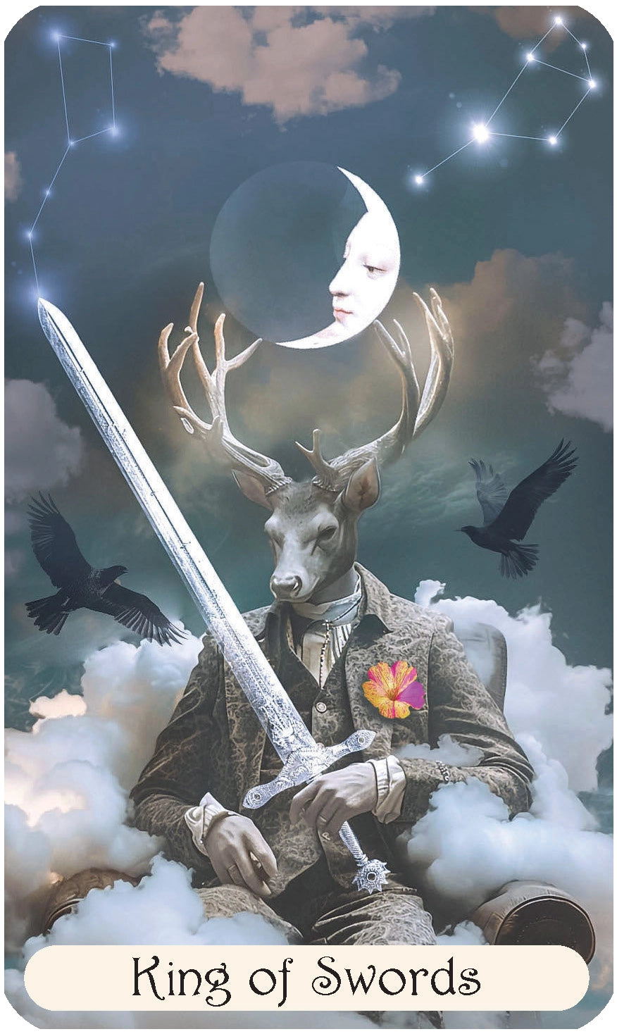 Card featuring a figure with a sword, deer head, and crows under a moonlit sky.