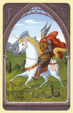 Medieval knight on a unicorn with a snake at their feet, framed like a stained glass window.