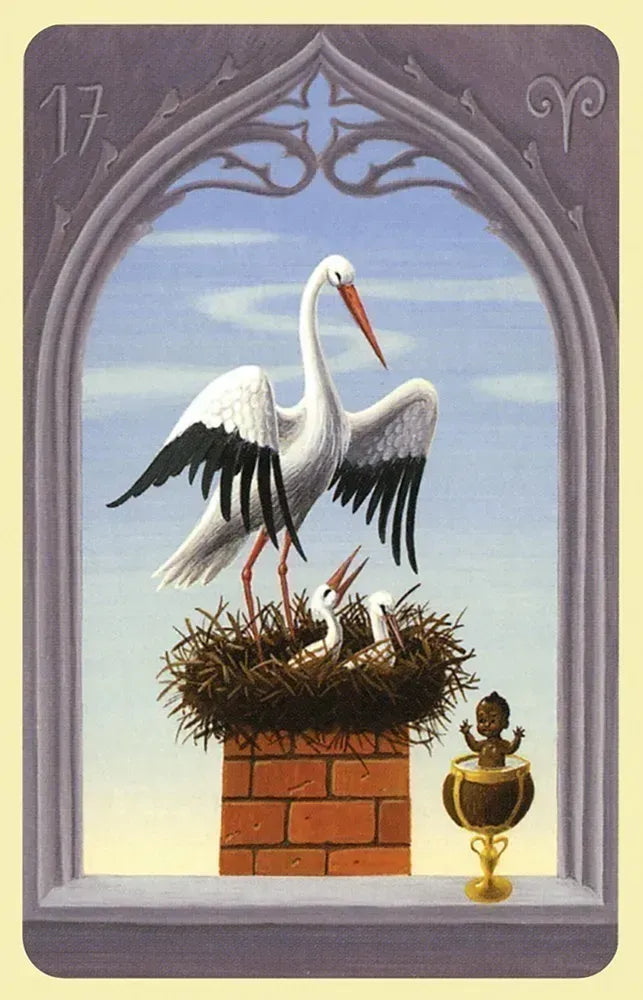 Stork with chicks in a nest under a gothic arch