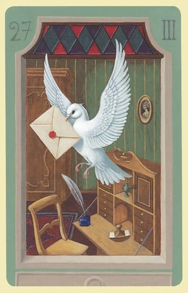 Tarot card with a dove carrying an envelope, desk, chair, and quill pen.