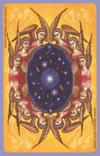 Card with angelic figures surrounding a cosmic design on a yellow background