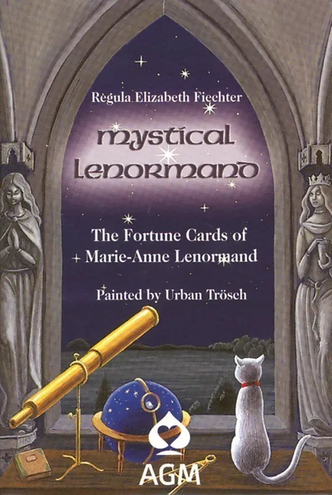 Book cover of 'Mystical Lenormand' with a gothic arch, telescope, and cat.