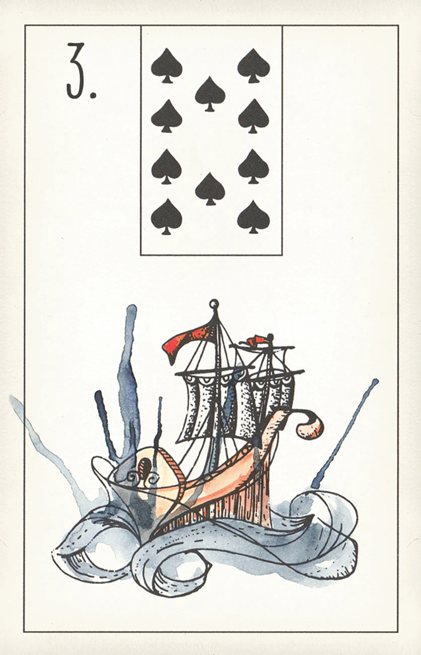 Card with a ship and spade symbol, likely from a tarot deck or card game.