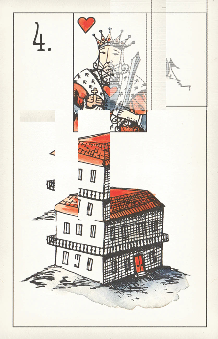 Illustration of a king with tattoos on a card, featuring a tower below.