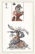 Playing card with a woman and snake design, featuring the number 7 and club symbol.