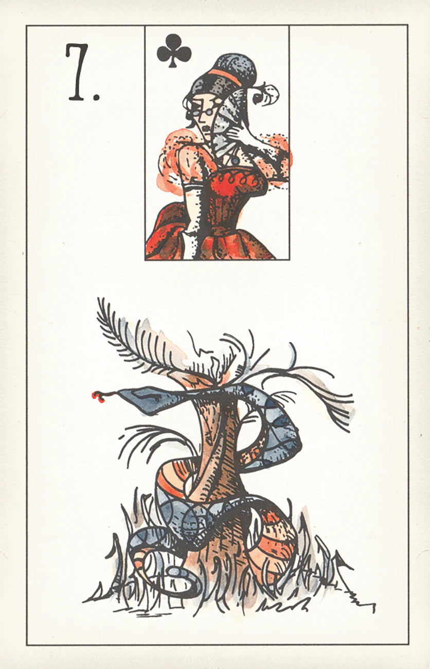 Playing card with a woman and snake design, featuring the number 7 and club symbol.