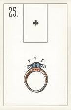 Card with a diamond ring illustration and a clover symbol on a beige background