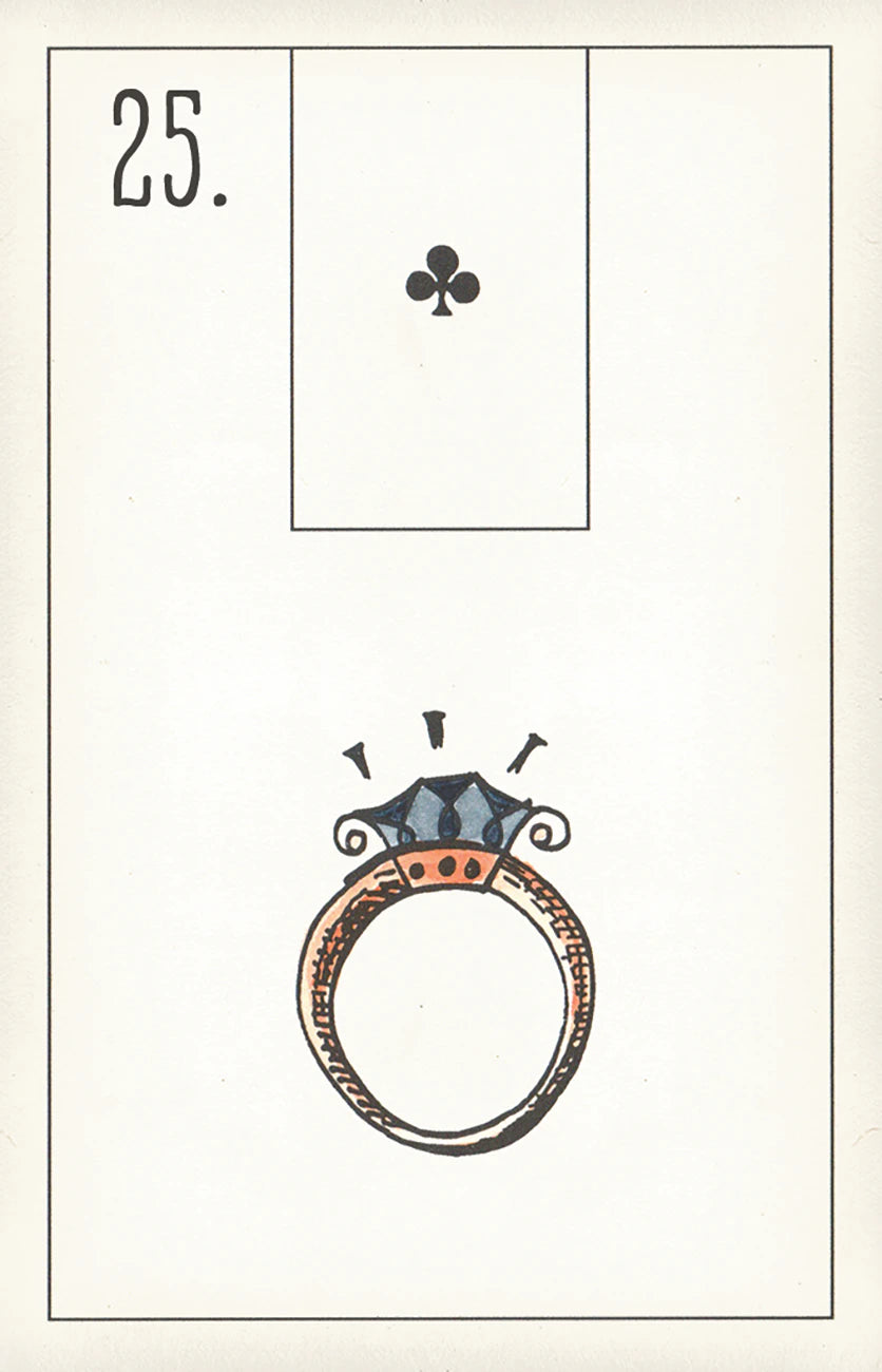Card with a diamond ring illustration and a clover symbol on a beige background