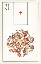 Decorative card with a stylized sun design and number 31 at the top left corner.