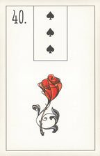 Playing card with three spade symbols and a red rose on a white background