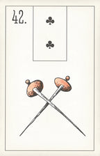 Playing card with crossed swords and club symbols, number 42.
