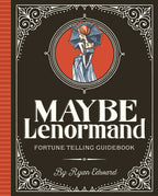 Book cover of 'Maybe Lenormand' with decorative elements and illustration of a woman holding an umbrella.