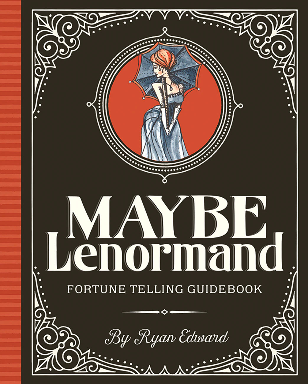 Book cover of 'Maybe Lenormand' with decorative elements and illustration of a woman holding an umbrella.