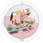 Cartoon illustration of animals crossing a river with a jester and eagle, labeled 'Fool'.