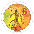 Tarot card illustration of 'The Magician' with a person in a leopard print outfit against a colorful background.