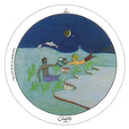 Circular artwork titled 'Cups' depicting a mermaid and a man in an underwater scene with a dolphin.