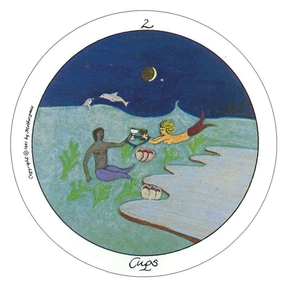 Circular artwork titled 'Cups' depicting a mermaid and a man in an underwater scene with a dolphin.