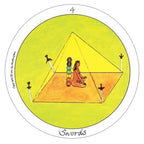 Tarot card with a pyramid design featuring two people and swords on a yellow background