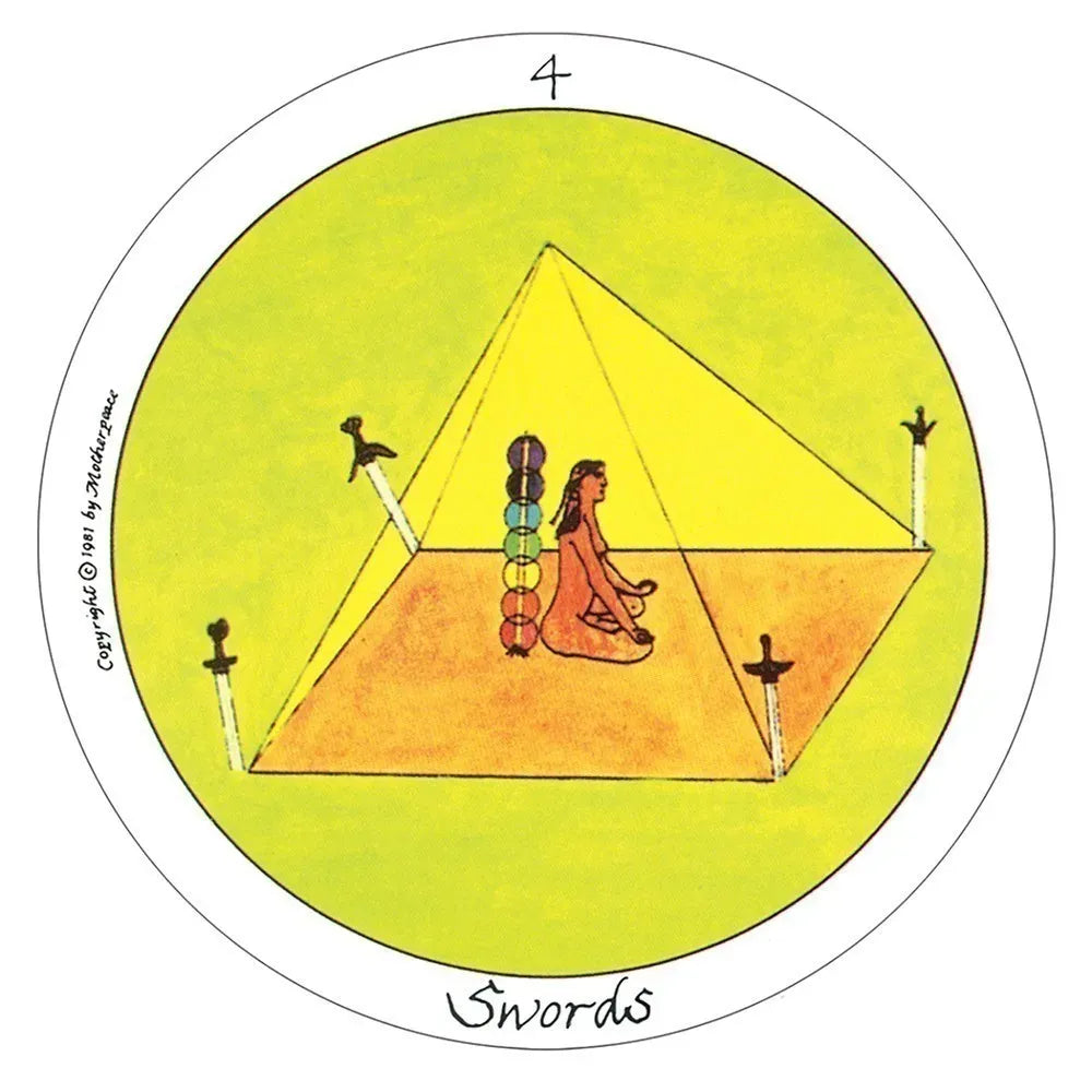 Tarot card with a pyramid design featuring two people and swords on a yellow background